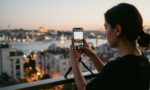 Gece fotoğrafı çekme sırasında şehir manzarasını telefon kamerasıyla görüntüleme