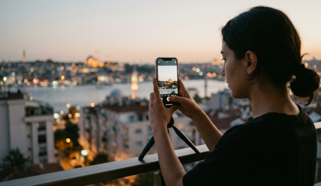Gece fotoğrafı çekme sırasında şehir manzarasını telefon kamerasıyla görüntüleme