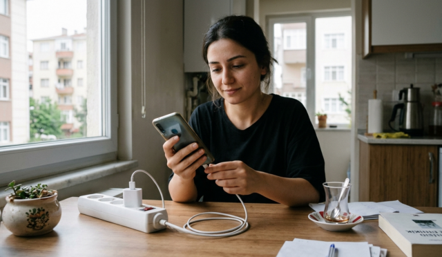 Telefon pil sağlığı için şarj olurken masada duran akıllı telefon